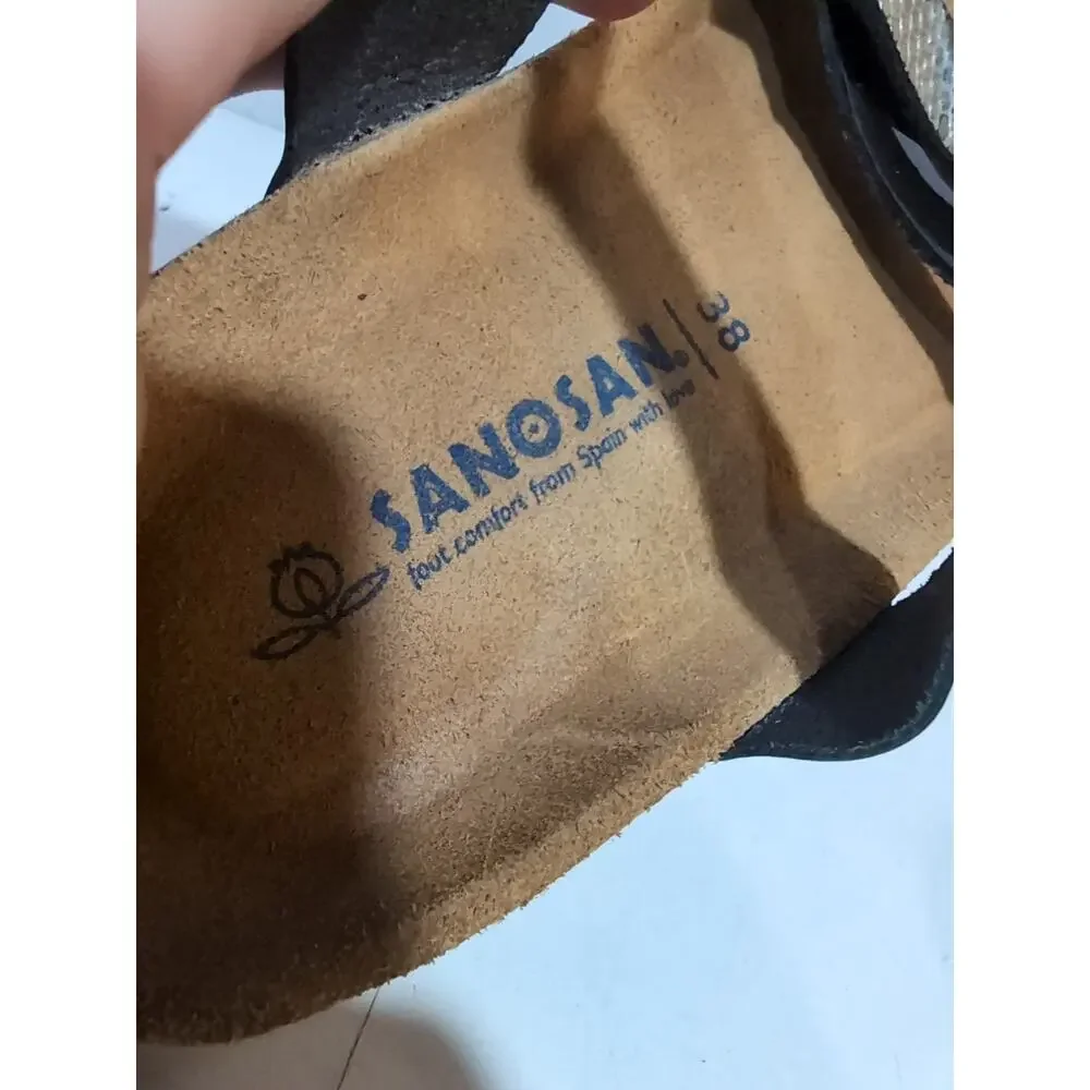 Sanosan Black Patent Metallic Leather Straps Soft Footbed Cork Wedge Sandals 38